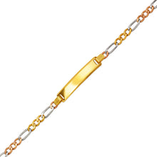 Load image into Gallery viewer, 14K Tricolor Gold 5mm ID Bracelet 3mm Figaro Chain 6" Engraving Available