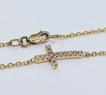Load image into Gallery viewer, 14K Gold Rolo Chain with Diamonds Side Cross Bracelet Anklet Necklace Handmade