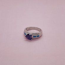 Load image into Gallery viewer, Sterling Silver Blue Synthetic Opal Trillion Cut Ring for Women White & Amethyst