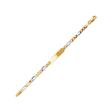 Load image into Gallery viewer, 14K Tricolor Gold 6mm Kids Square ID 4mm Figaro Chain Bracelet 6" Engraving