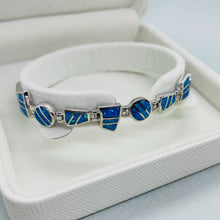 Load image into Gallery viewer, Sterling Silver Synthetic Opal Bracelet Round & Trapezoid links Hand Inlay