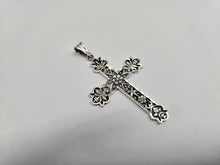 Load image into Gallery viewer, 925 Sterling Silver Diamond-Cut Floral Cross Pendant 2 Inch (50mm) Tall