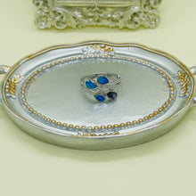 Load image into Gallery viewer, Sterling Silver Blue Synthetic Opal Teardrops Bypass Ring for White & Amethyst