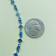 Load image into Gallery viewer, Sterling Silver Synthetic Opal Dainty Bracelet oval and Square Links Hand Inlay