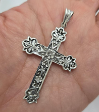 Load image into Gallery viewer, 925 Sterling Silver Diamond-Cut Floral Cross Pendant 2 Inch (50mm) Tall