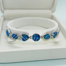 Load image into Gallery viewer, Sterling Silver Synthetic Opal Bracelet Heart Oval Round Links Hand Inlay