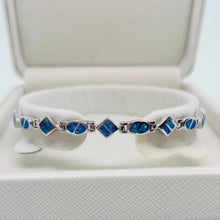 Load image into Gallery viewer, Sterling Silver Synthetic Opal Dainty Bracelet oval and Square Links Hand Inlay