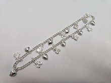 Load image into Gallery viewer, 925 Sterling Silver Figaro Link Anklet with Dangling Hearts and Teddy Bear 14mm
