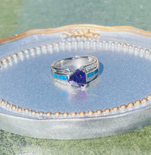 Load image into Gallery viewer, Sterling Silver Blue Synthetic Opal Trillion Cut Ring for Women White & Amethyst