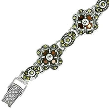 Load image into Gallery viewer, Sterling Silver Cubic Zirconia Garnet Stone Flower Marcasite Bracelet 7" Long