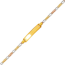 Load image into Gallery viewer, 14K Tricolor Gold 5mm ID Bracelet 2.5mm Figaro Chain 6" Engraving Available