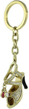 Load image into Gallery viewer, Gold Tone High Heeled Shoe Sandal Key Chain Crystal Key Ring 4" long 33mm Round