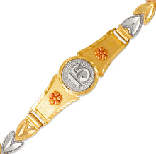 Load image into Gallery viewer, 14K Tri Color Gold Faceted Diamond Cut 15 Anos ID Bracelet 6mm / 13mm 7" Chain
