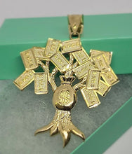 Load image into Gallery viewer, 10K Solid Real Gold Money Tree Pendant Charm $100 Dollar Bag Diamond Cut 3 Sizes