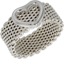Load image into Gallery viewer, Sterling Silver Heavy Mesh Ring 10mm Wedding Band with 8mm Wide Heart Size 5-11