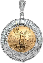 Load image into Gallery viewer, Silver Baguette CZ Eagle Motif Mexican 50 Peso Gold Centenario Coin Bezel 37mm