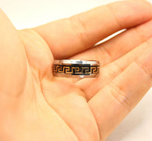 Load image into Gallery viewer, Tungsten Carbide Flat Yellow Greek Key Inlay Beveled Edge Wedding Band Ring 8mm