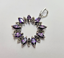Load image into Gallery viewer, 925 Sterling Silver Marcasite Amethyst CZ Wreath Pendant 1 3/8 (35mm) Inch Tall