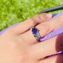Load image into Gallery viewer, Sterling Silver Blue Synthetic Opal Trillion Cut Ring for Women White & Amethyst
