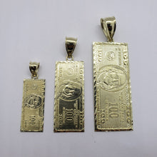 Load image into Gallery viewer, 10k Yellow Gold Diamond Cut $100 Hundred Bill Dollars Pendant Charm 3 Sizes