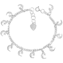 Load image into Gallery viewer, 925 Sterling Silver Anklet with Dangling Moon & Star 14mm, Fits 9" to 10" Ankles