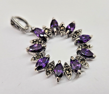 Load image into Gallery viewer, 925 Sterling Silver Marcasite Amethyst CZ Wreath Pendant 1 3/8 (35mm) Inch Tall