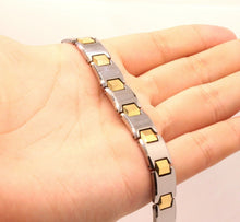 Load image into Gallery viewer, Tungsten Carbide 2-Tone Gunmetal and Yellow Bar Links Magnetic Therapy Bracelet