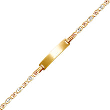 Load image into Gallery viewer, 14K TriColor Gold Kids Margarita Square ID Bracelet 6mm/3.5mm 6" Engraving Avail