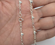 Load image into Gallery viewer, 925 Sterling Silver Figaro Anklet w/ Sideways Hearts 4mm, Fits 9" to 10" Ankles