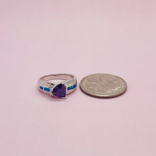Load image into Gallery viewer, Sterling Silver Blue Synthetic Opal Trillion Cut Ring for Women White & Amethyst