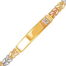 Load image into Gallery viewer, 14K Tri Color Gold Faceted D/C 15 Anos ID Bracelet 6mm Wide 8mm Center 7" Chain
