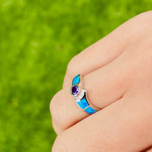Load image into Gallery viewer, Sterling Silver Blue Synthetic Opal Wavy Ring for Women White & Round
