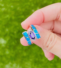 Load image into Gallery viewer, Sterling Silver Blue Synthetic Opal Hexagon Cut Ring
