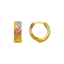 Load image into Gallery viewer, 14K Real Gold Tri-Color Diamond Cut Small Round Hinged Hoop 5mm Huggie Earrings