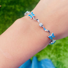 Load image into Gallery viewer, Sterling Silver Synthetic Opal Butterfly Bracelet and CZ stones Hand Inlay