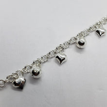 Load image into Gallery viewer, Sterling Silver Anklet Bracelet with Hearts and Bells 7, 8, 10 inch Spring Clasp