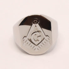 Load image into Gallery viewer, Stainless Steel Masonic Letter G Hand Square and Compass Signet Ring 3/4 Inch