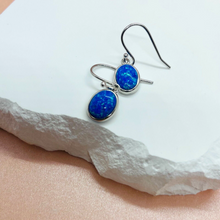 Load image into Gallery viewer, Sterling Silver Synthetic Opal Dangle Earrings Oval Cabochon Bezel Set