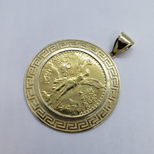 Load image into Gallery viewer, 10k Yellow Gold Eagle Mexico 50 Peso Coin Bezel 2" (50mm) Diameter Greek Key