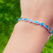 Load image into Gallery viewer, Sterling Silver Synthetic Opal Dainty Bracelet oval and Square Links Hand Inlay