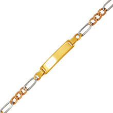 Load image into Gallery viewer, 14K Tricolor Gold 6mm ID Bracelet 5mm Figaro Chain 6" Engraving Available