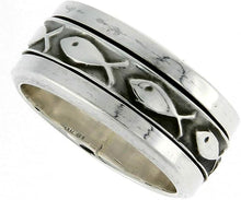 Load image into Gallery viewer, 925 Sterling Silver Ichthys Spinner Ring Christian Fish Handmade 10mm Size 8-14
