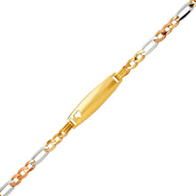 Load image into Gallery viewer, 14K Tricolor Gold 6.8mm Kids Heart ID 4mm Figaro Chain Bracelet 6" Engraving