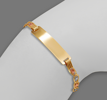 Load image into Gallery viewer, 14K TriColor Gold Kids Margarita Square ID Bracelet 6mm/3.5mm 6" Engraving Avail
