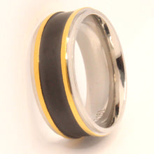 Load image into Gallery viewer, Stainless Steel Flat Black Center w/ Double Golden Stripes Wedding Band Ring 8mm