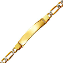 Load image into Gallery viewer, 14K TwoTone Gold 10mm ID Bracelet 7.5mm Figaro Chain 8" 8.5" Engraving Available