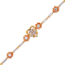 Load image into Gallery viewer, 14K Tricolor Gold Fancy 15 Anos Years Heart & Flowers CZ Bracelet Quinceañera