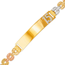 Load image into Gallery viewer, 14K Tri Color Gold Faceted D/C 15 Anos ID Bracelet 6mm Wide 8mm Center 7" Chain