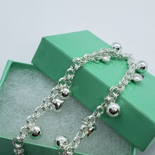 Load image into Gallery viewer, Sterling Silver Dangling Hearts and Jingle Bells Charm Bracelet for Women 8.5"