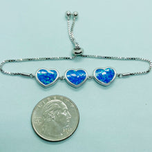 Load image into Gallery viewer, Sterling Silver Synthetic Opal 3-Linked Hearts Bolo Bracelet for Women CZ Halo